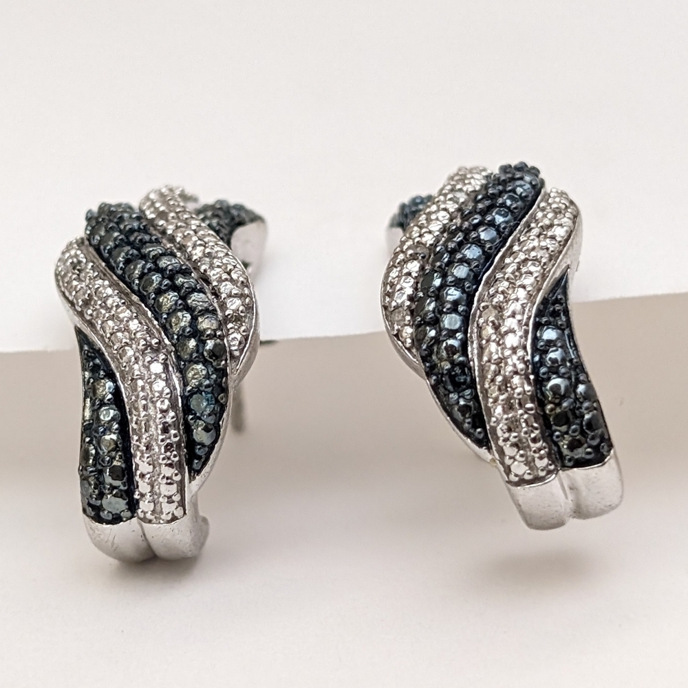 Sterling Silver Oxidized Rhodium Diamond Chip 0.8" J Hoop Earrings JWBR 925 - Picture 3 of 7